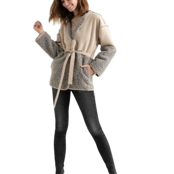 NWT Lucky Brand Sherpa & Suede Jacket | Tan & Gray | Size L - Picture 1 of 9